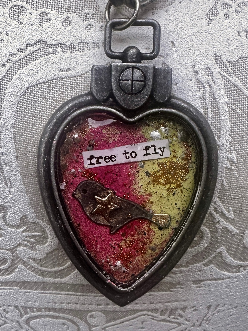 Heart Pendant Necklace - Free to Fly (Pink & Green)